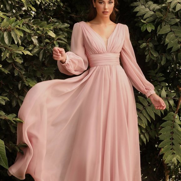 hot blush mother of bride evening party a-line long sleeve chiffon
